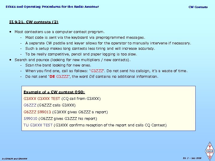 Ethics and Operating Procedures for the Radio Amateur CW Contests II. 9. 21. CW