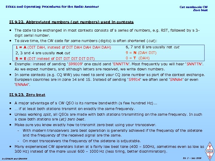 Ethics and Operating Procedures for the Radio Amateur Cut numbersin CW Zero beat II.