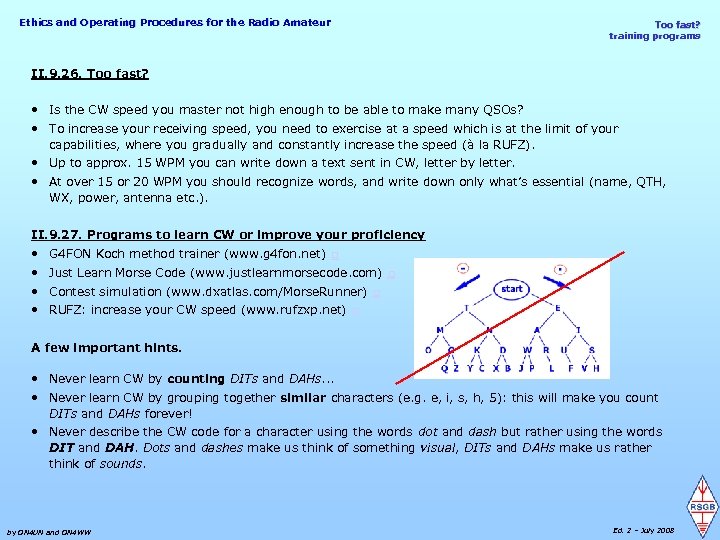 Ethics and Operating Procedures for the Radio Amateur Too fast? training programs II. 9.