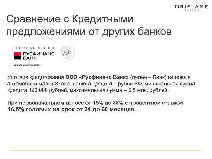 Сравнение с Кредитными предложениями от других банков Условия кредитования ООО «Русфинанс Банк» (далее –
