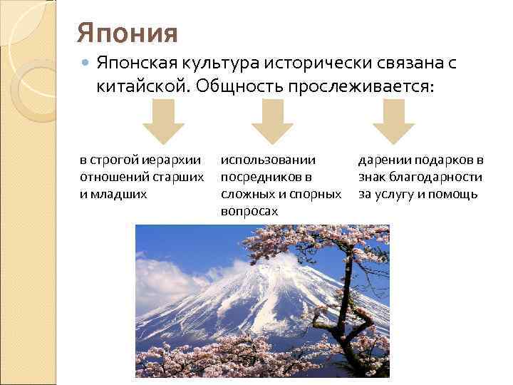 Япония Японская культура исторически связана с китайской. Общность прослеживается: в строгой иерархии отношений старших
