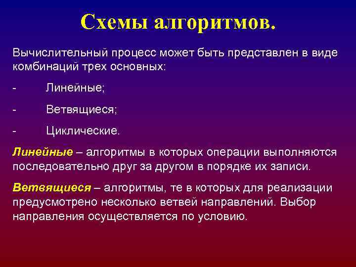 Схемы алгоритмов. Вычислительный процесс может быть представлен в виде комбинаций трех основных: - Линейные;