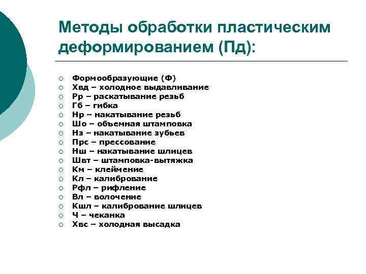 Методы обработки пластическим деформированием (Пд): ¡ ¡ ¡ ¡ ¡ Формообразующие (Ф) Хвд –