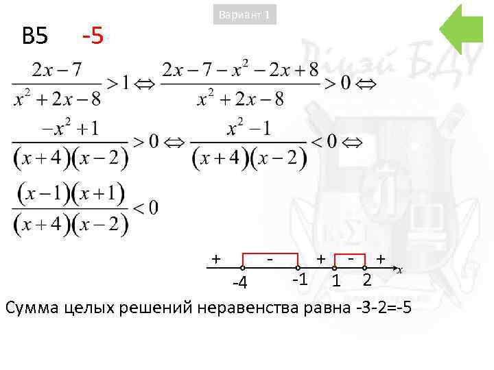 B 5 -5 Вариант 1 + - + x -1 1 2 -4 Сумма