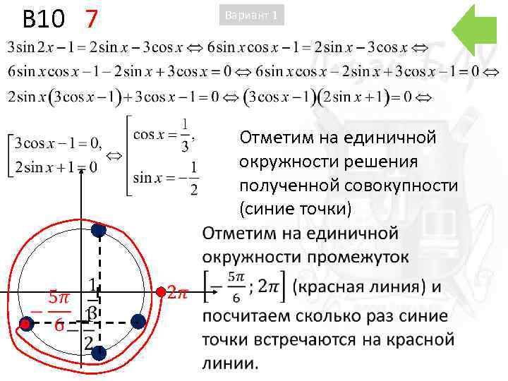 B 10 7 Вариант 1 Отметим на единичной окружности решения полученной совокупности (синие точки)