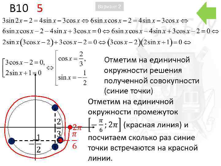 B 10 5 Вариант 2 Отметим на единичной окружности решения полученной совокупности (синие точки)