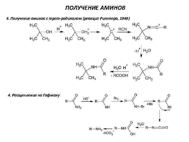 ПОЛУЧЕНИЕ АМИНОВ 4. Получение аминов с трет-радикалом (реакция Риттера, 1948) 4. Расщепление по Гофману