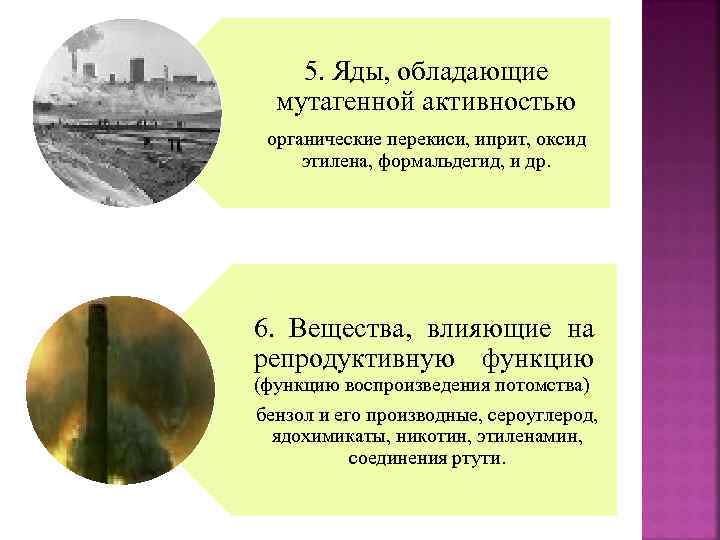 5. Яды, обладающие мутагенной активностью органические перекиси, иприт, оксид этилена, формальдегид, и др. 6.