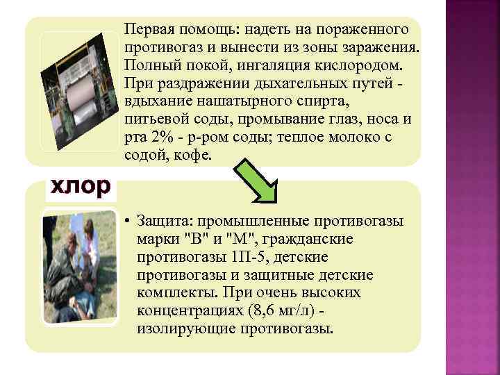 Первая помощь: надеть на пораженного противогаз и вынести из зоны заражения. Полный покой, ингаляция