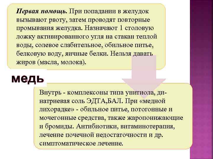 Первая помощь. При попадании в желудок вызывают рвоту, затем проводят повторные промывания желудка. Назначают