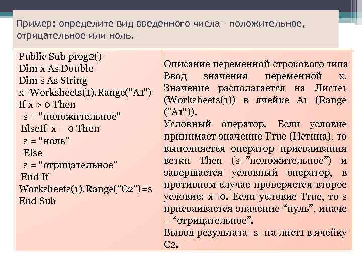 Пример: определите вид введенного числа – положительное, отрицательное или ноль. Public Sub prog 2()