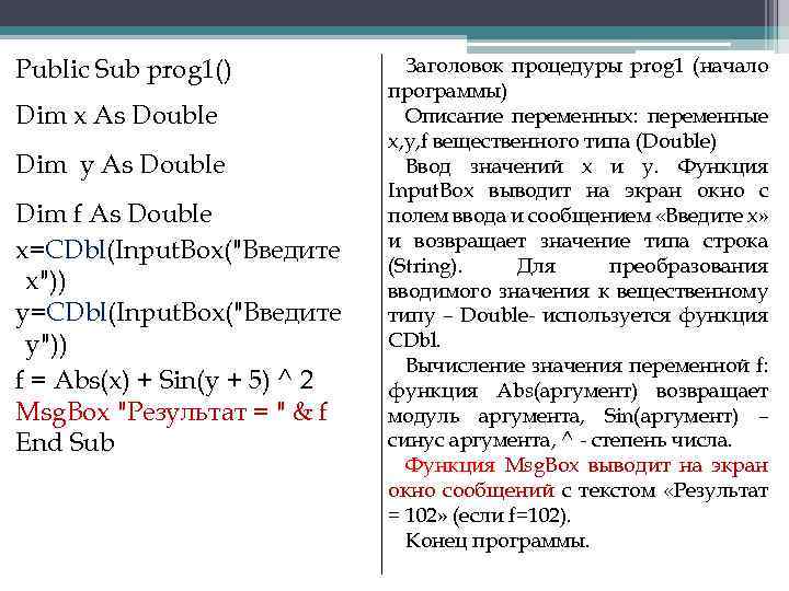 Public Sub prog 1() Dim x As Double Dim y As Double Dim f