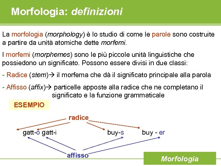 Morfologia: definizioni La morfologia (morphology) è lo studio di come le parole sono costruite