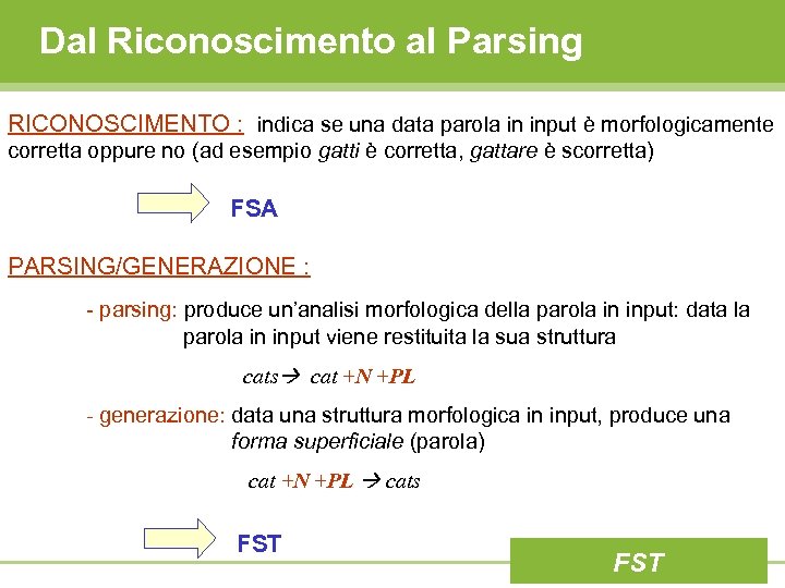 Dal Riconoscimento al Parsing RICONOSCIMENTO : indica se una data parola in input è