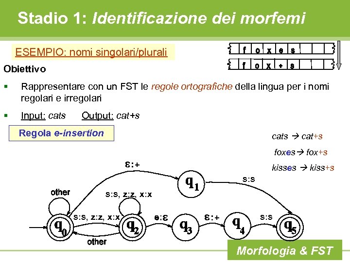 Stadio 1: Identificazione dei morfemi ESEMPIO: nomi singolari/plurali Obiettivo § Rappresentare con un FST