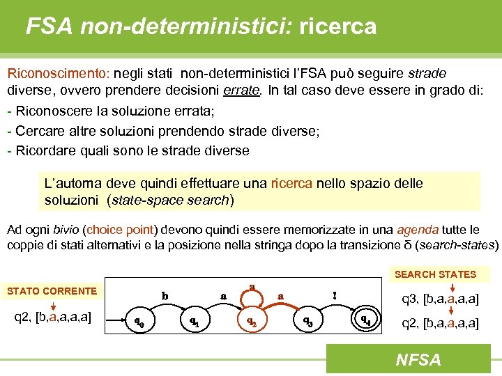 FSA non-deterministici: ricerca Riconoscimento: negli stati non-deterministici l’FSA può seguire strade diverse, ovvero prendere