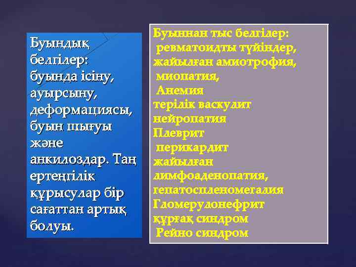 Буындық белгілер: буында ісіну, ауырсыну, деформациясы, буын шығуы және анкилоздар. Таң ертеңгілік құрысулар бір