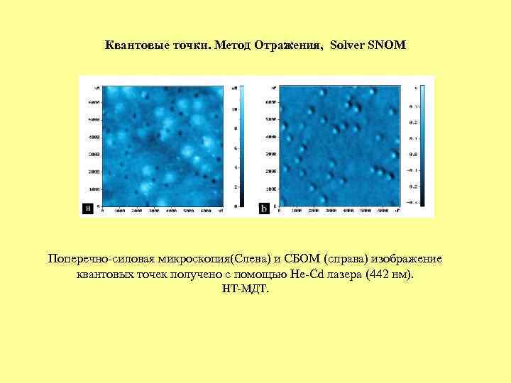 Квантовые точки. Метод Отражения, Solver SNOM Поперечно-силовая микроскопия(Слева) и СБОМ (справа) изображение квантовых точек