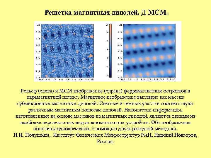 Решетка магнитных диполей. Д МСМ. Рельеф (слева) и МСМ изображение (справа) ферромагнитных островков в