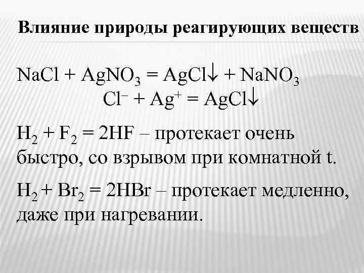 Влияние природы реагирующих веществ Na. Cl + Ag. NO 3 = Ag. Cl +