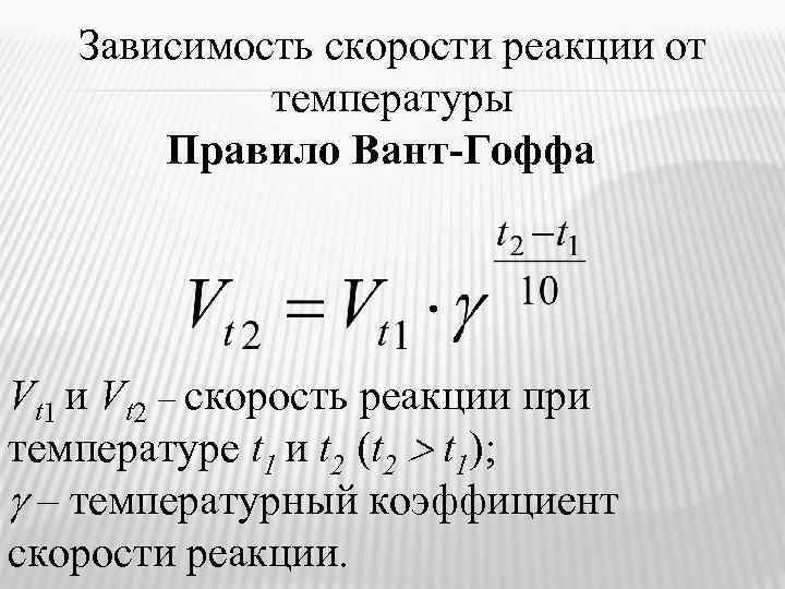 Зависимость скорости реакции от температуры Правило Вант-Гоффа Vt 1 и Vt 2 – скорость