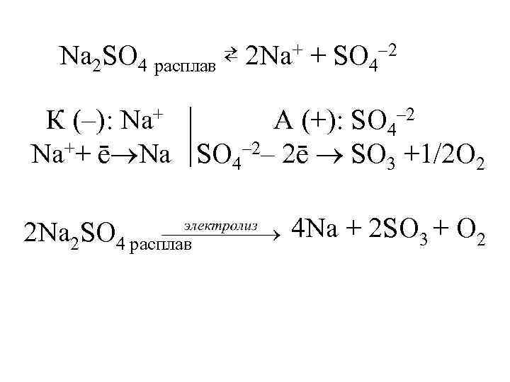 Na 2 SO 4 расплав ⇄ 2 Na+ + SO 4– 2 К (–):