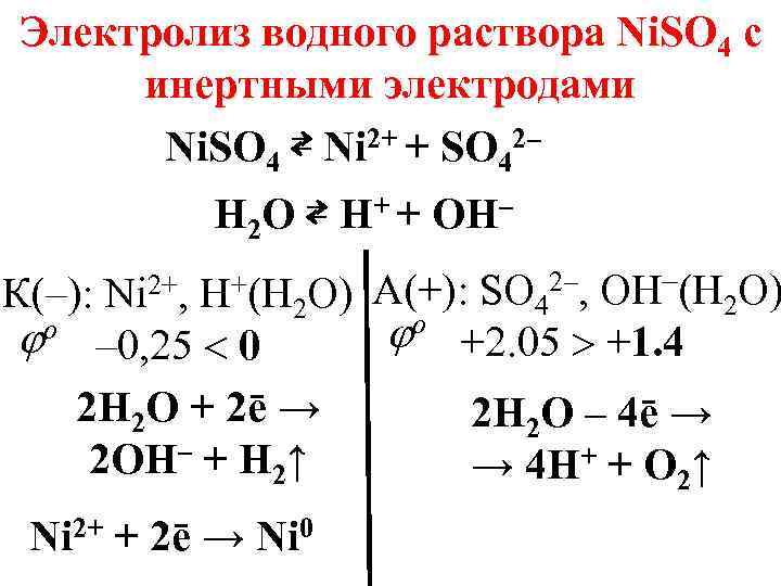 Продукты электролиза раствора на инертных электродах