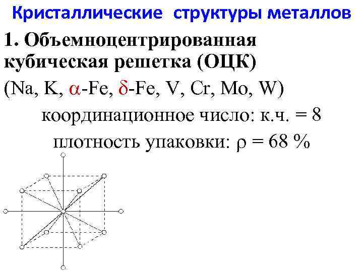 Кристаллические структуры металлов 1. Объемноцентрированная кубическая решетка (ОЦК) (Na, K, a-Fe, d-Fe, V, Cr,