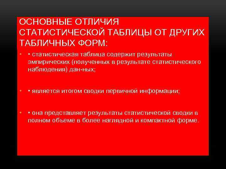 ОСНОВНЫЕ ОТЛИЧИЯ СТАТИСТИЧЕСКОЙ ТАБЛИЦЫ ОТ ДРУГИХ ТАБЛИЧНЫХ ФОРМ: • • статистическая таблица содержит результаты