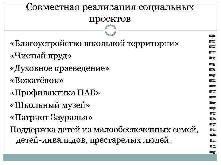 Совместная реализация социальных проектов «Благоустройство школьной территории» «Чистый пруд» «Духовное краеведение» «Вожатёнок» «Профилактика ПАВ»