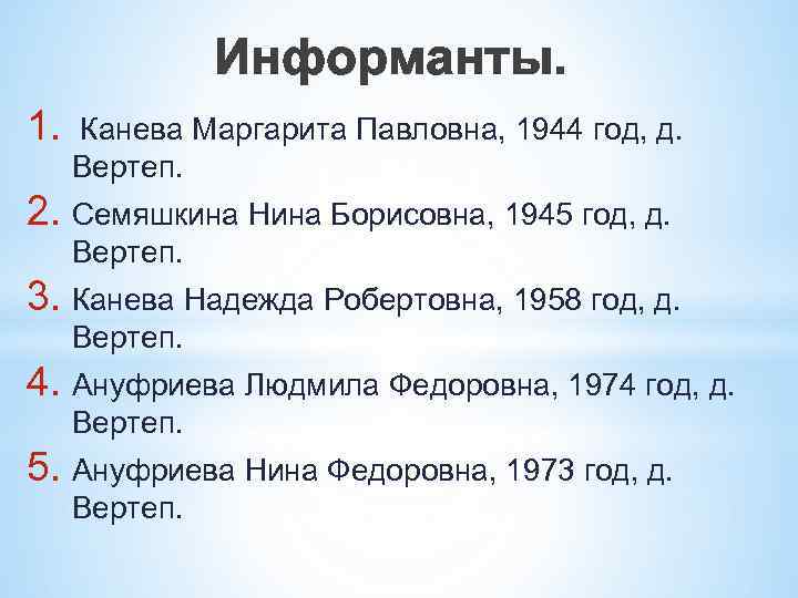 Информанты. 1. Канева Маргарита Павловна, 1944 год, д. Вертеп. 2. Семяшкина Нина Борисовна, 1945