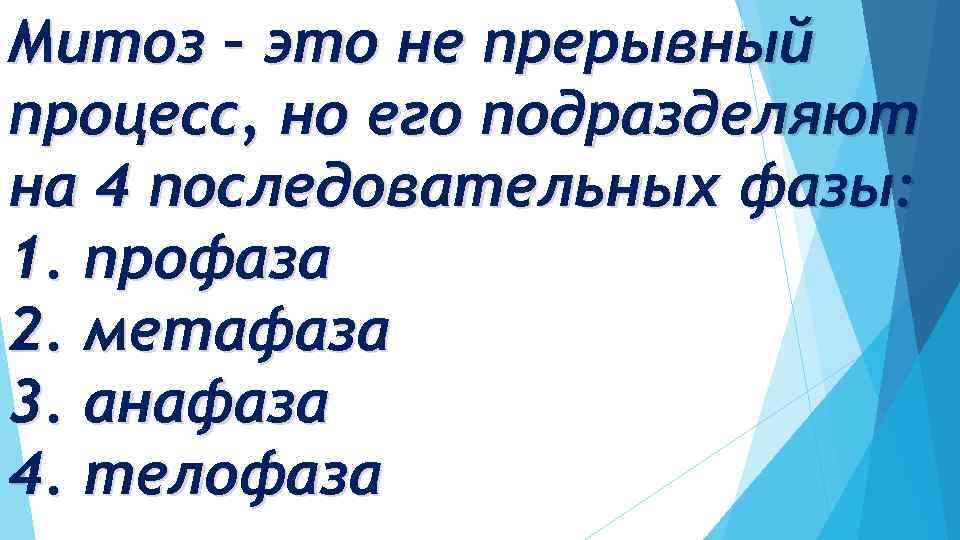 Митоз – это не прерывный процесс, но его подразделяют на 4 последовательных фазы: 1.