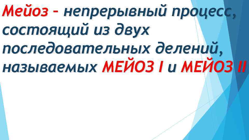 Мейоз – непрерывный процесс, состоящий из двух последовательных делений, называемых МЕЙОЗ I и МЕЙОЗ