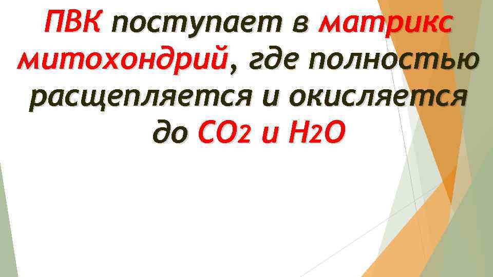 ПВК поступает в матрикс митохондрий, где полностью расщепляется и окисляется до СО 2 и