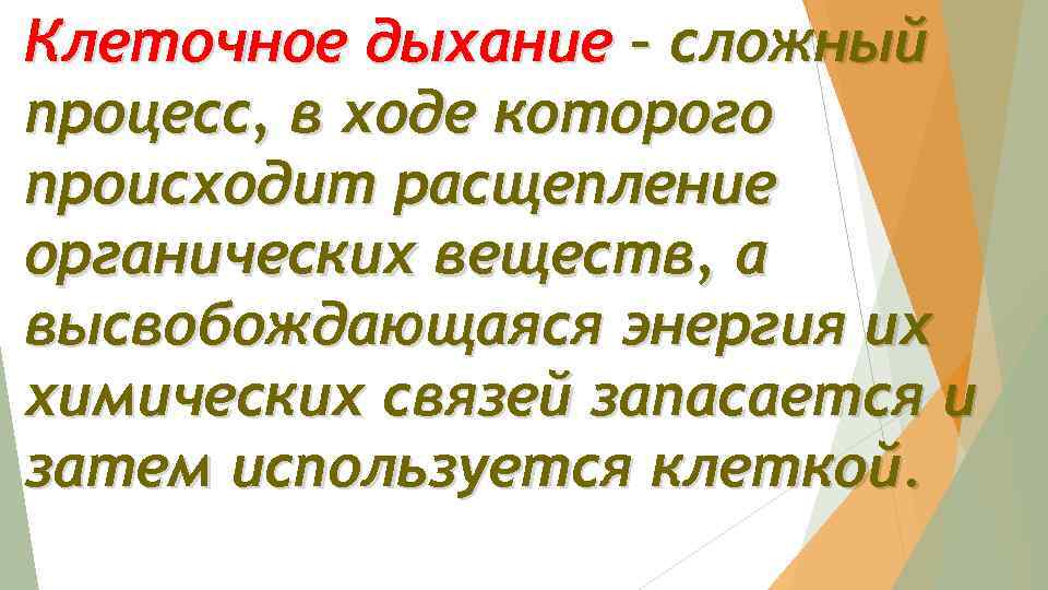 Клеточное дыхание – сложный процесс, в ходе которого происходит расщепление органических веществ, а высвобождающаяся