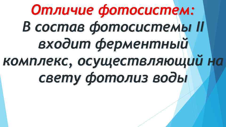 Отличие фотосистем: В состав фотосистемы II входит ферментный комплекс, осуществляющий на свету фотолиз воды