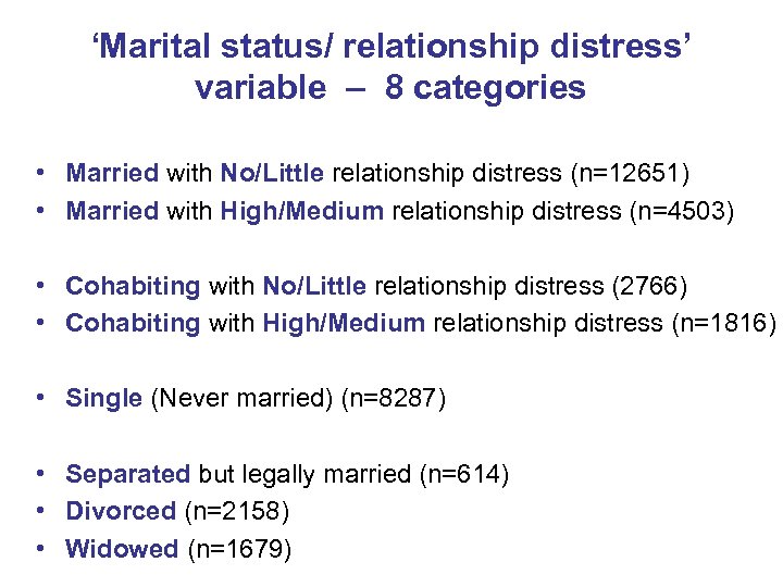 ‘Marital status/ relationship distress’ variable – 8 categories • Married with No/Little relationship distress