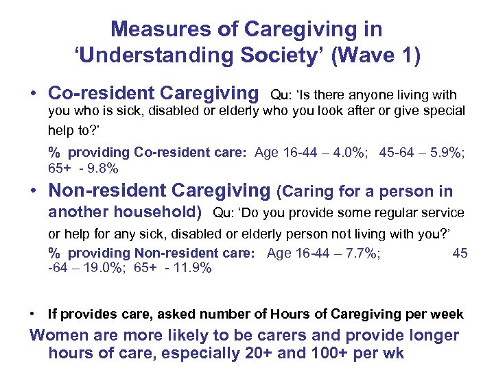 Measures of Caregiving in ‘Understanding Society’ (Wave 1) • Co-resident Caregiving Qu: ‘Is there