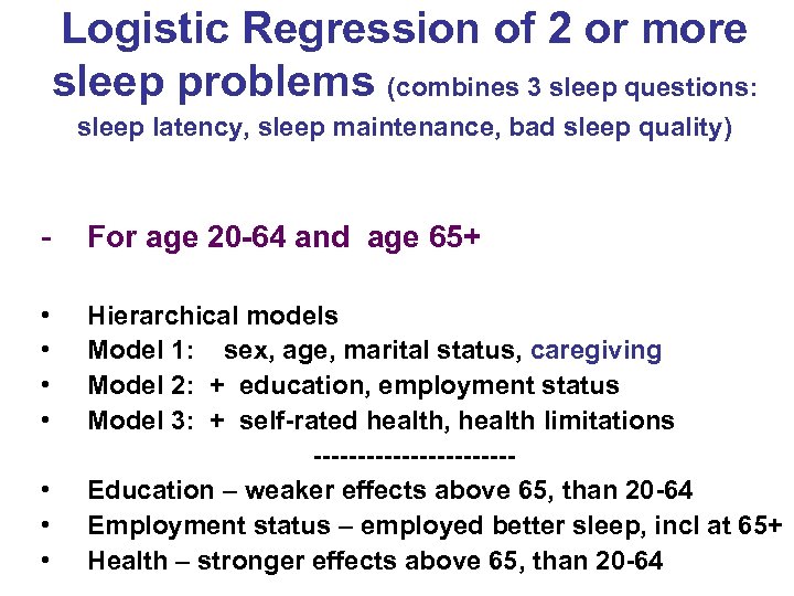 Logistic Regression of 2 or more sleep problems (combines 3 sleep questions: sleep latency,