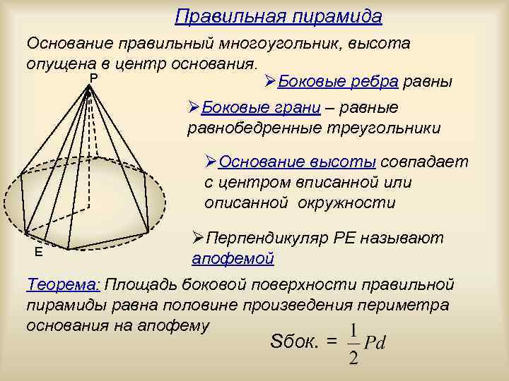 Правильная пирамида Основание правильный многоугольник, высота опущена в центр основания. Р ØБоковые ребра равны