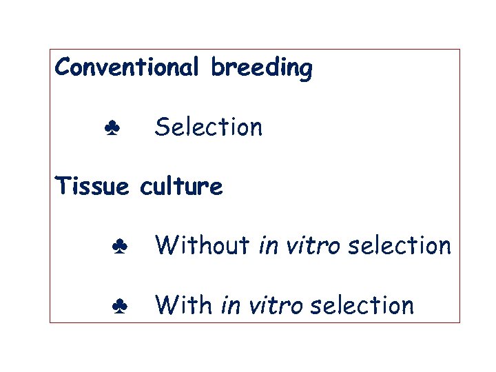 Conventional breeding ♣ Selection Tissue culture ♣ Without in vitro selection ♣ With in