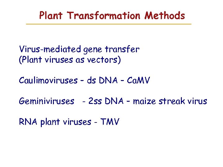 Plant Transformation Methods Virus-mediated gene transfer (Plant viruses as vectors) Caulimoviruses – ds DNA