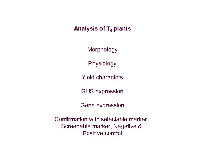 Analysis of T 0 plants Morphology Physiology Yield characters GUS expression Gene expression Confirmation