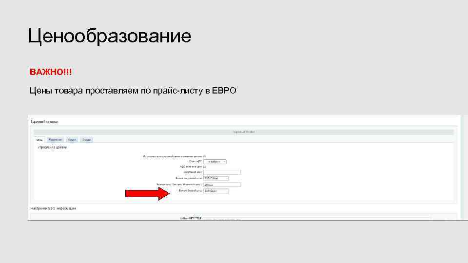 Ценообразование ВАЖНО!!! Цены товара проставляем по прайс-листу в ЕВРО 