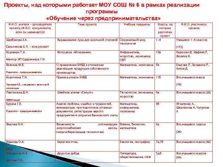 Проекты, над которыми работает МОУ СОШ № 6 в рамках реализации программы «Обучение через