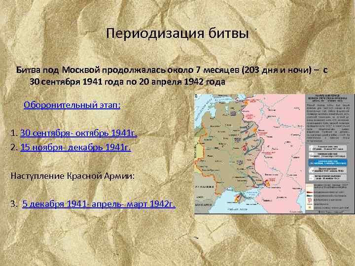 Периодизация битвы Битва под Москвой продолжалась около 7 месяцев (203 дня и ночи) –