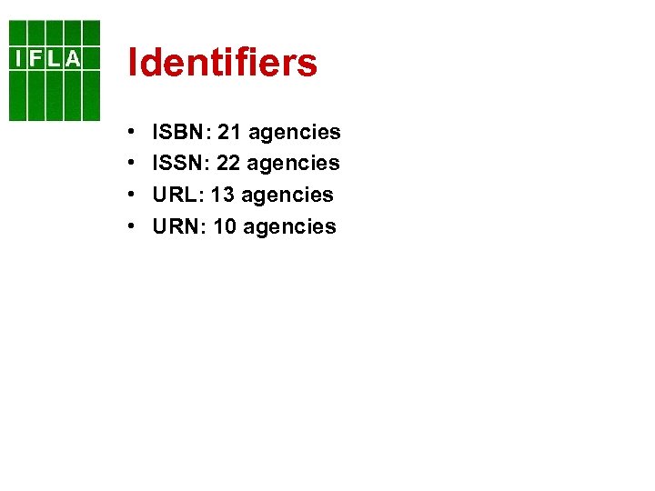 Identifiers • • ISBN: 21 agencies ISSN: 22 agencies URL: 13 agencies URN: 10