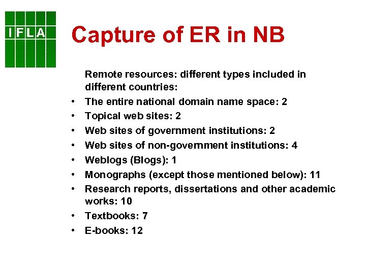 Capture of ER in NB • • • Remote resources: different types included in