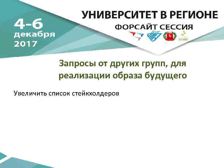 Запросы от других групп, для реализации образа будущего Увеличить список стейкхолдеров 