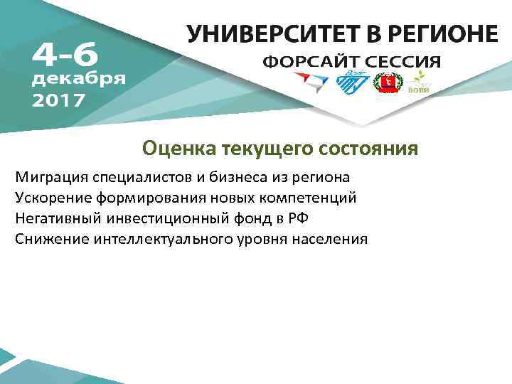 Оценка текущего состояния Миграция специалистов и бизнеса из региона Ускорение формирования новых компетенций Негативный